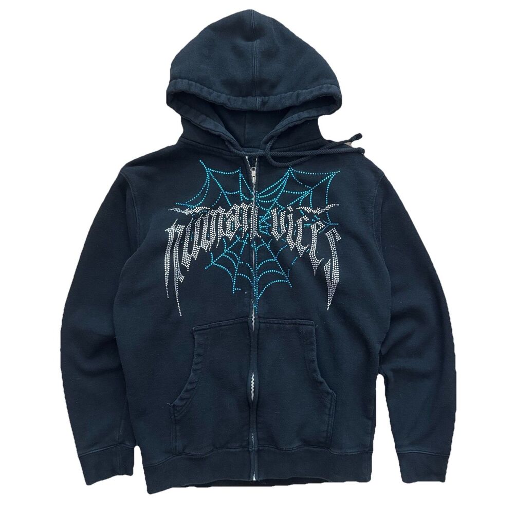 VTG Human Vices Rhinestone Spider Web Full Zip Hoodie Black Sz S Streetwear Y2K